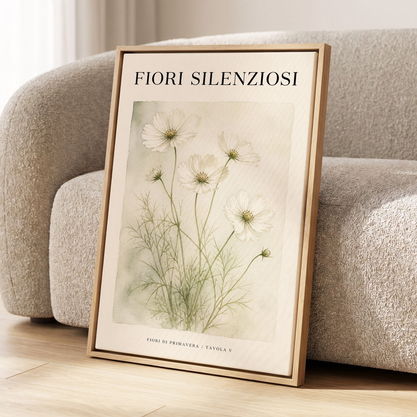 Silent Meadow Blooms, white, green, beige floral wall art displayed in a styled interior, gallery view 2