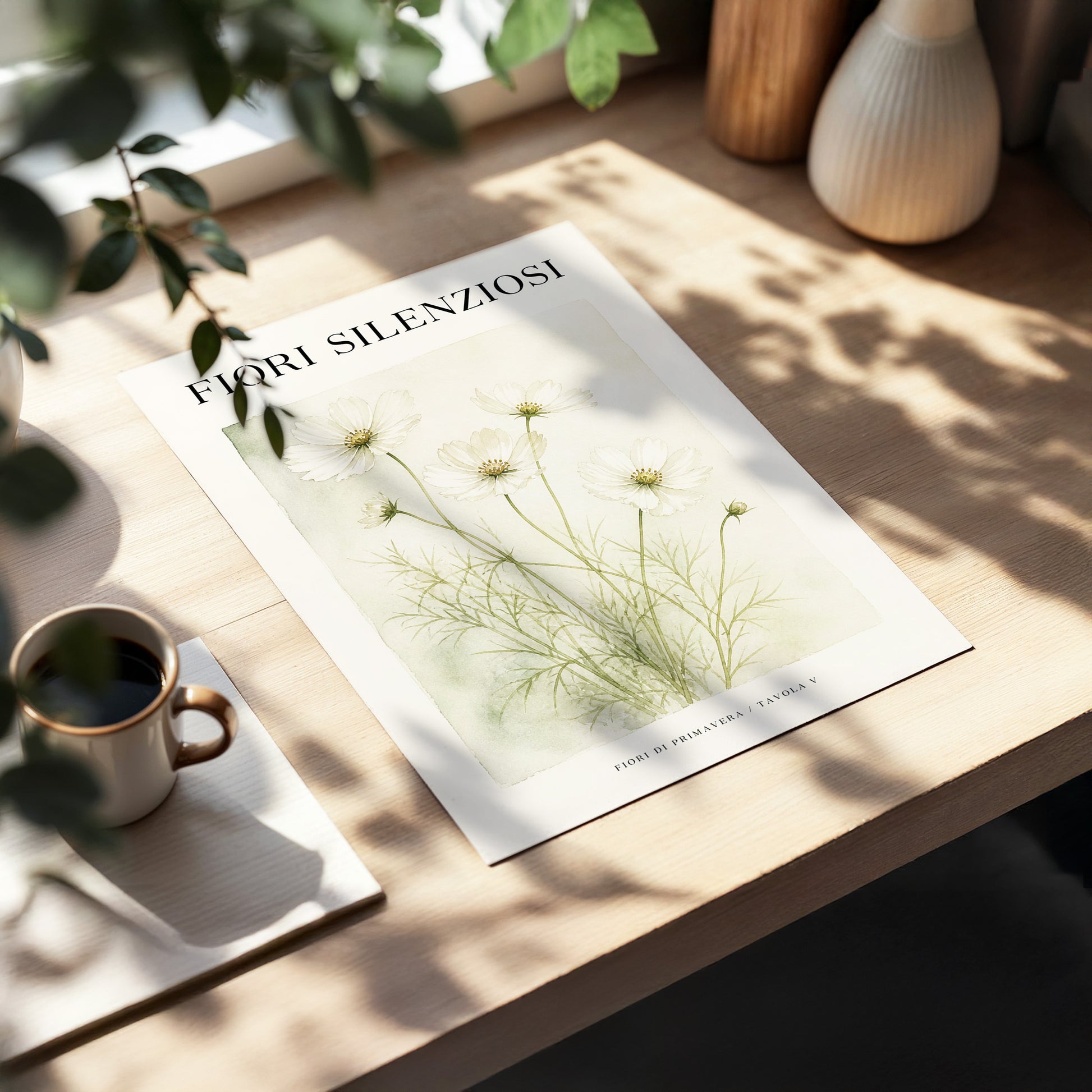 Silent Meadow Blooms, white, green, beige floral wall art displayed in a styled interior, gallery view 3