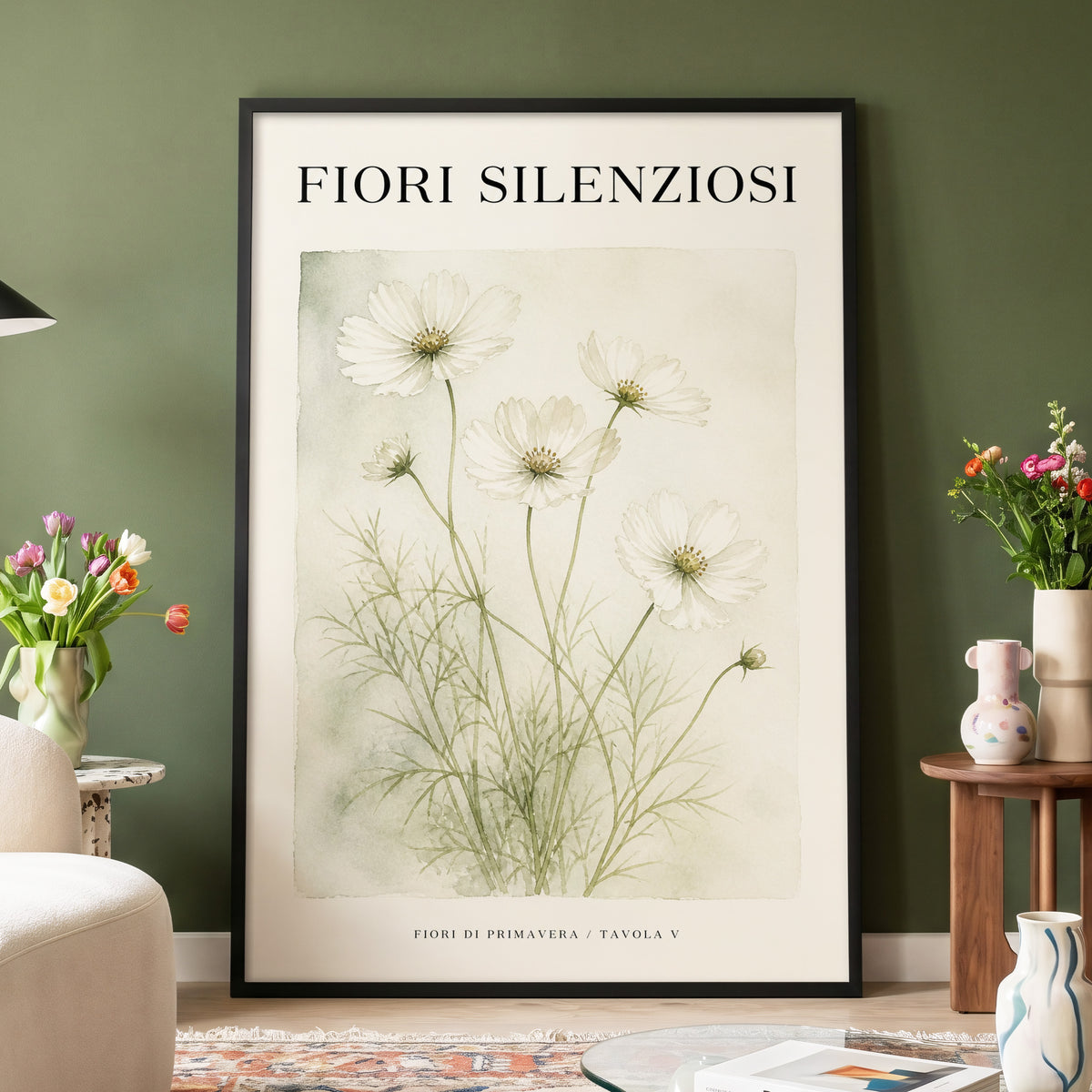 Silent Meadow Blooms, white, green, beige floral wall art displayed in a styled interior, gallery view 4