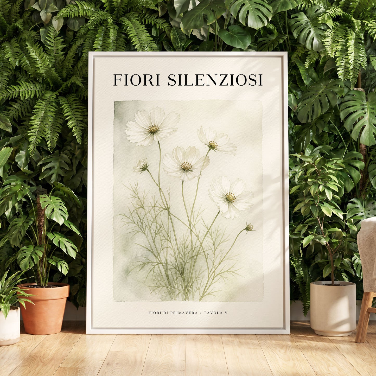 Silent Meadow Blooms, white, green, beige floral wall art displayed in a styled interior, gallery view 5