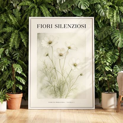 Silent Meadow Blooms, white, green, beige floral wall art displayed in a styled interior, gallery view 5