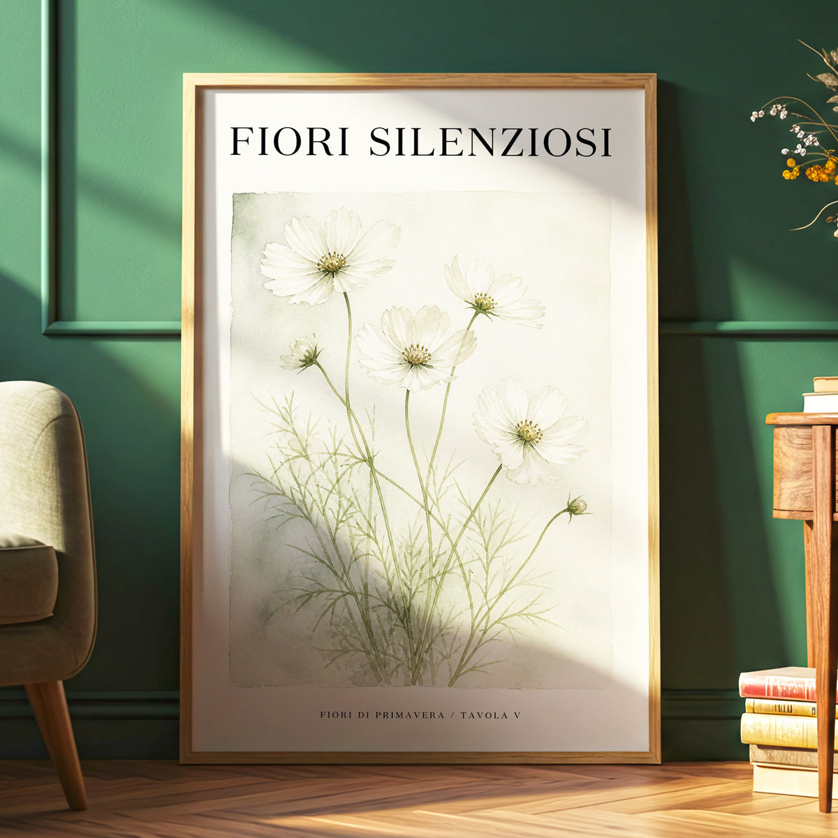 Silent Meadow Blooms, white, green, beige floral wall art displayed in a styled interior, gallery view 6