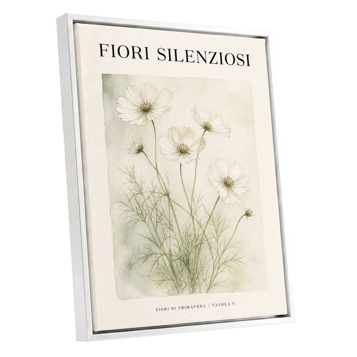 Silent Meadow Blooms, white, green, beige floral wall art shown as a white framed canvas wall art