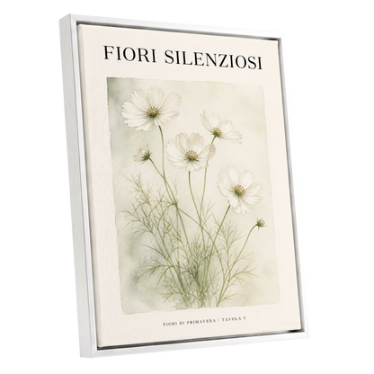 Silent Meadow Blooms, white, green, beige floral wall art shown as a white framed canvas wall art