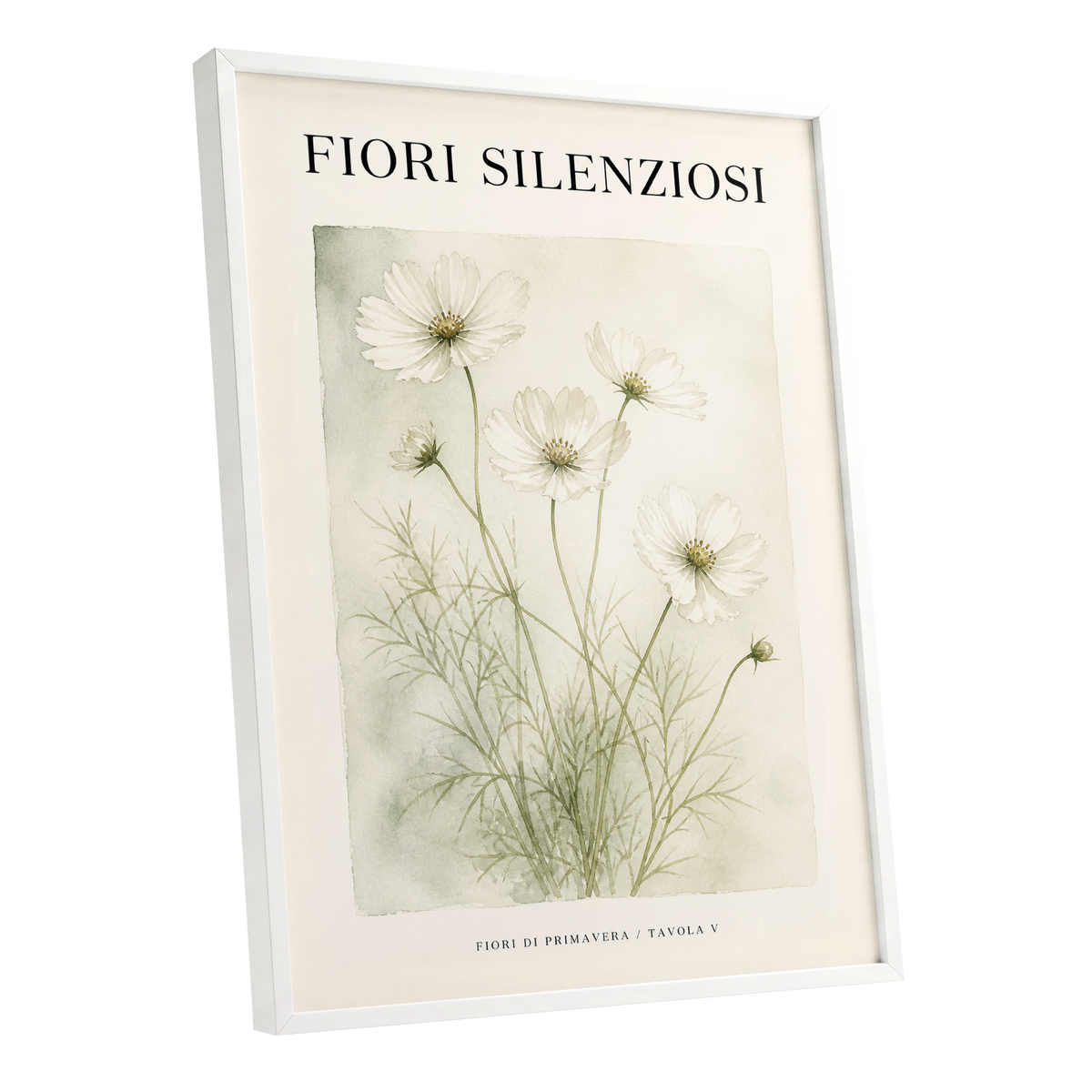 Silent Meadow Blooms, white, green, beige floral wall art shown as a white framed poster wall art print