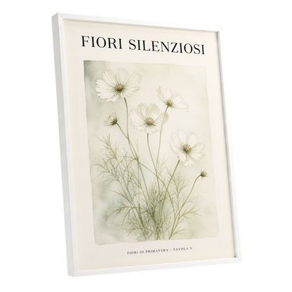 Silent Meadow Blooms, white, green, beige floral wall art shown as a white framed poster wall art print