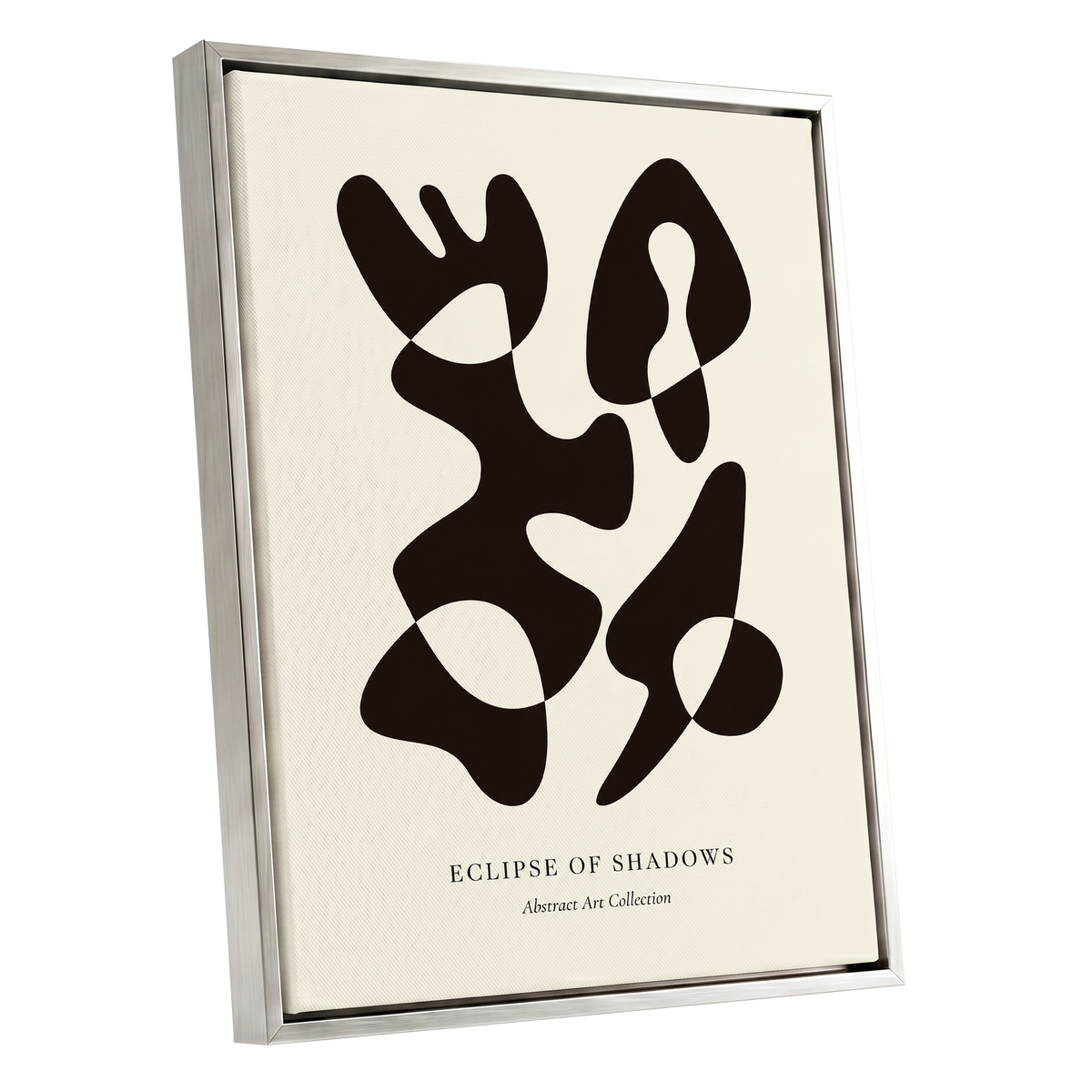 Silhouette Reverie, black, beige, brown abstract wall art shown as a silver framed canvas wall art