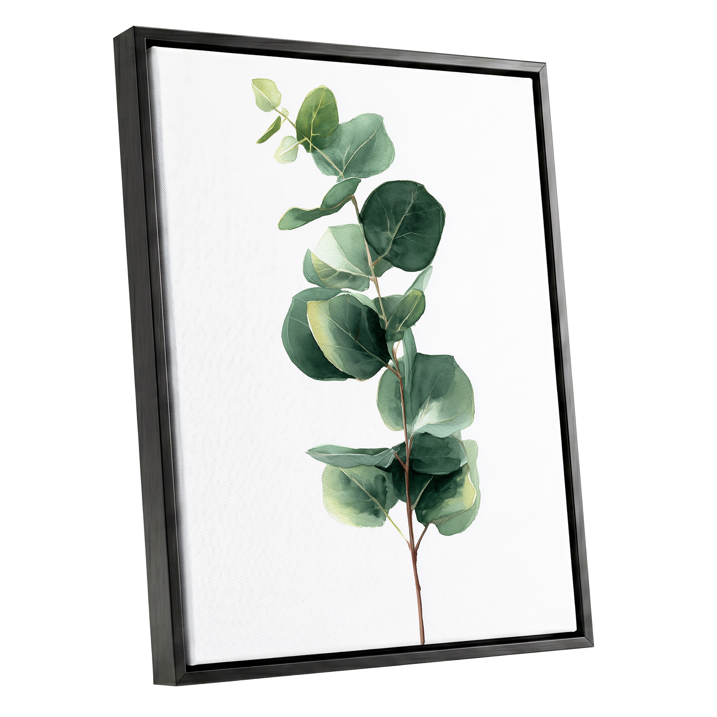 Silver Leaf Ascent, green, white, brown nature wall art shown as a black framed canvas wall art