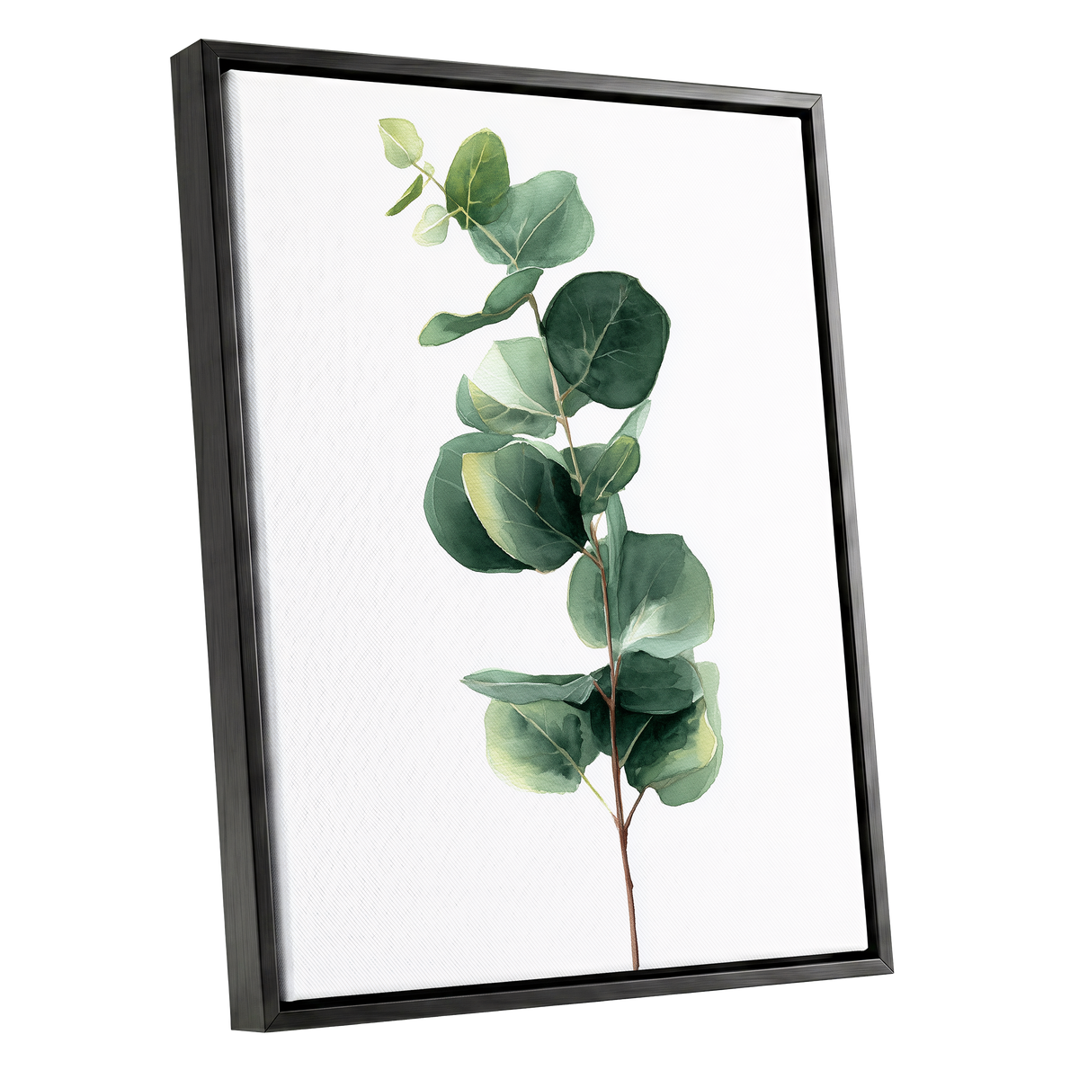 Silver Leaf Ascent, green, white, brown nature wall art shown as a black framed canvas wall art