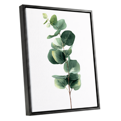 Silver Leaf Ascent, green, white, brown nature wall art shown as a black framed canvas wall art