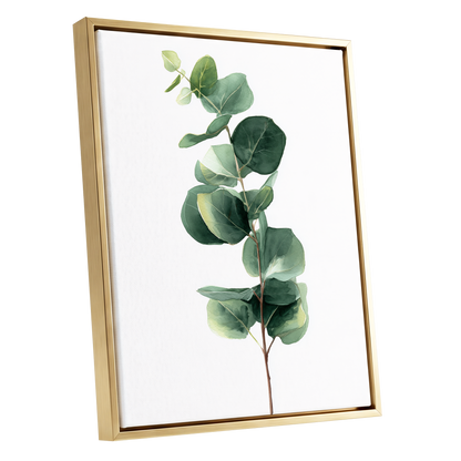 Silver Leaf Ascent, green, white, brown nature wall art shown as a gold framed canvas wall art