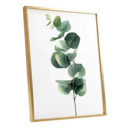 Silver Leaf Ascent, green, white, brown nature wall art shown as a gold framed poster wall art print