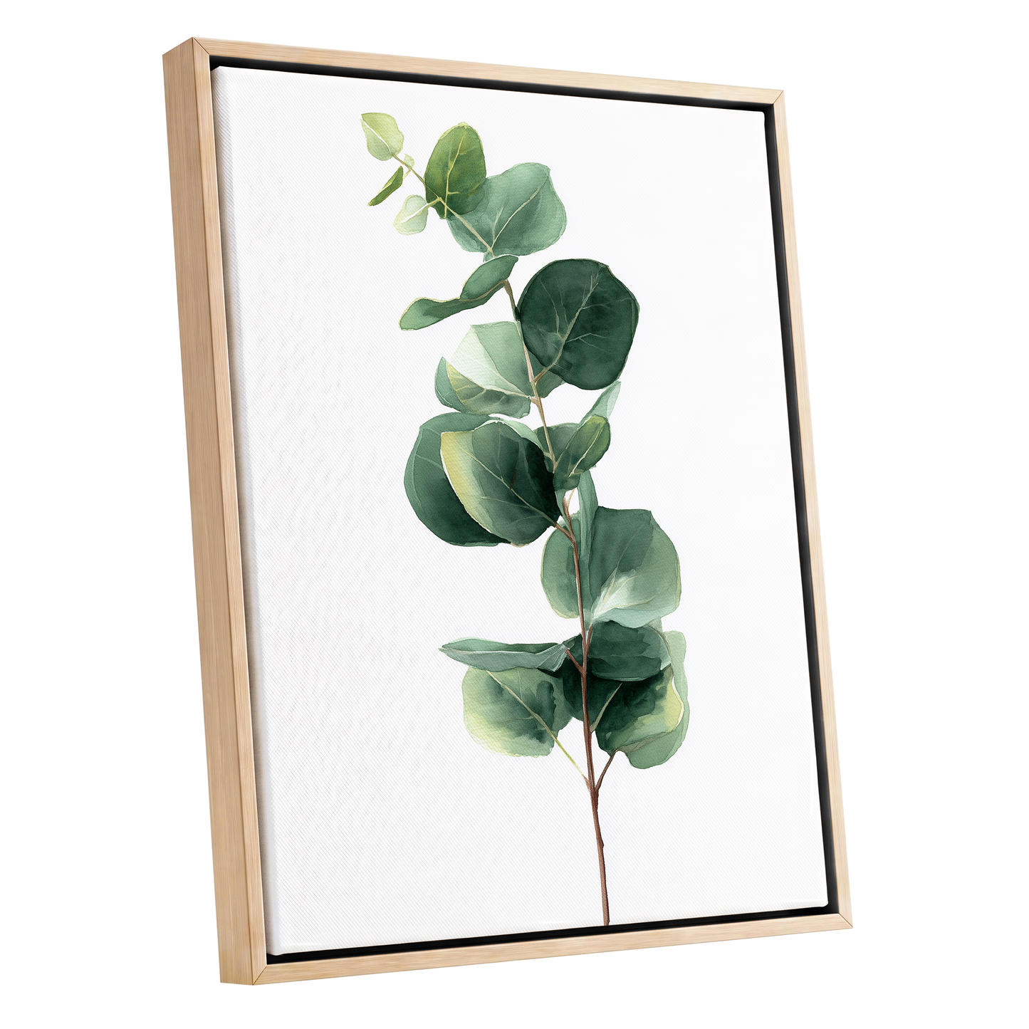 Silver Leaf Ascent, green, white, brown nature wall art shown as a oak framed canvas wall art