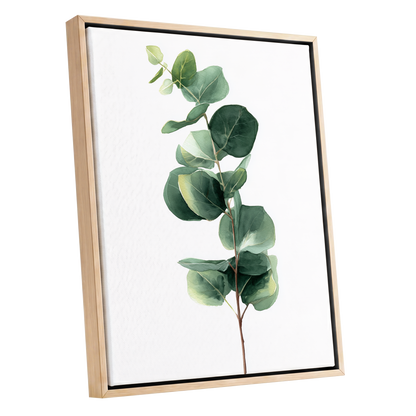 Silver Leaf Ascent, green, white, brown nature wall art shown as a oak framed canvas wall art
