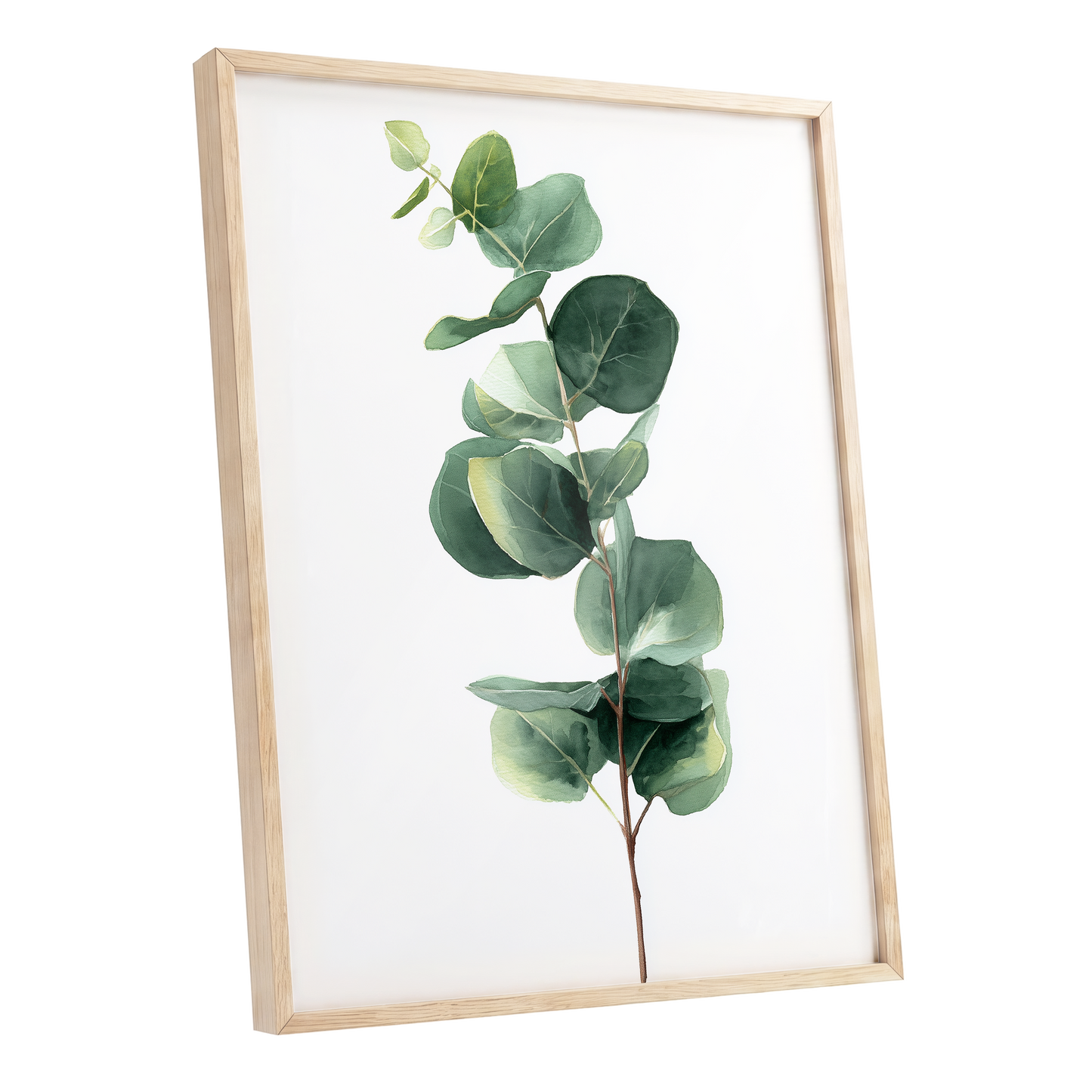 Silver Leaf Ascent, green, white, brown nature wall art shown as a oak framed poster wall art print