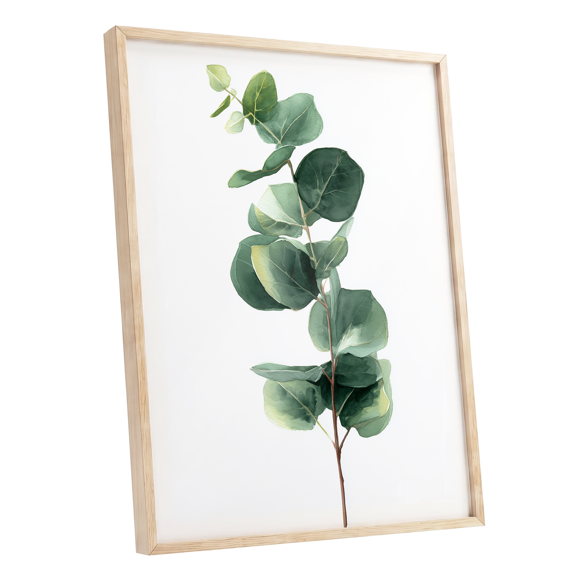 Silver Leaf Ascent, green, white, brown nature wall art shown as a oak framed poster wall art print