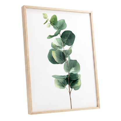 Silver Leaf Ascent, green, white, brown nature wall art shown as a oak framed poster wall art print