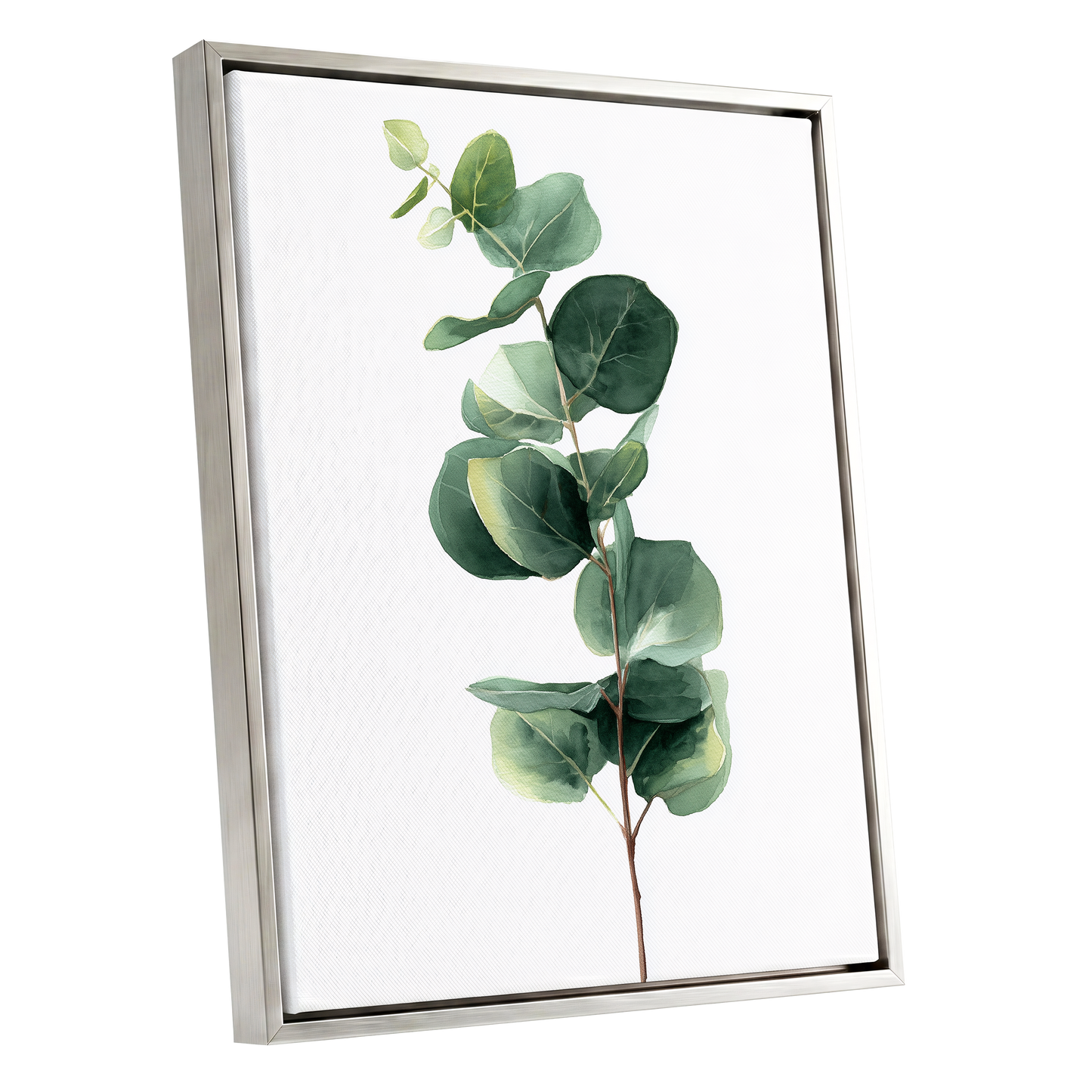 Silver Leaf Ascent, green, white, brown nature wall art shown as a silver framed canvas wall art
