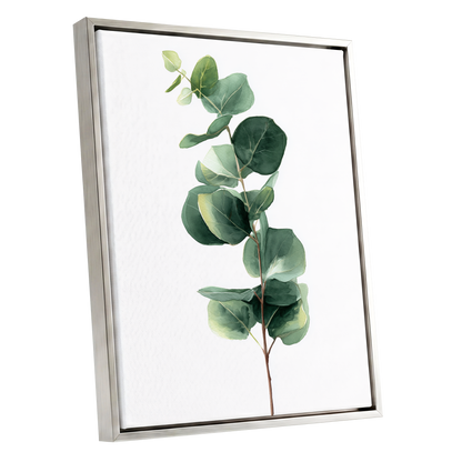 Silver Leaf Ascent, green, white, brown nature wall art shown as a silver framed canvas wall art