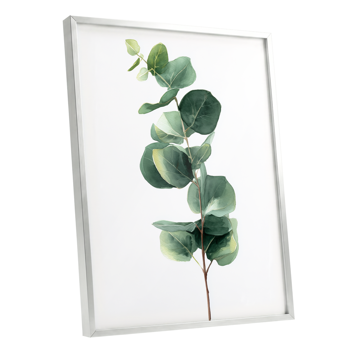 Silver Leaf Ascent, green, white, brown nature wall art shown as a silver framed poster wall art print