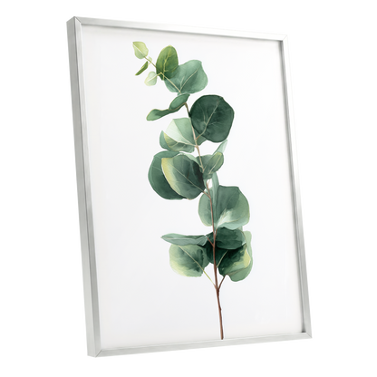 Silver Leaf Ascent, green, white, brown nature wall art shown as a silver framed poster wall art print