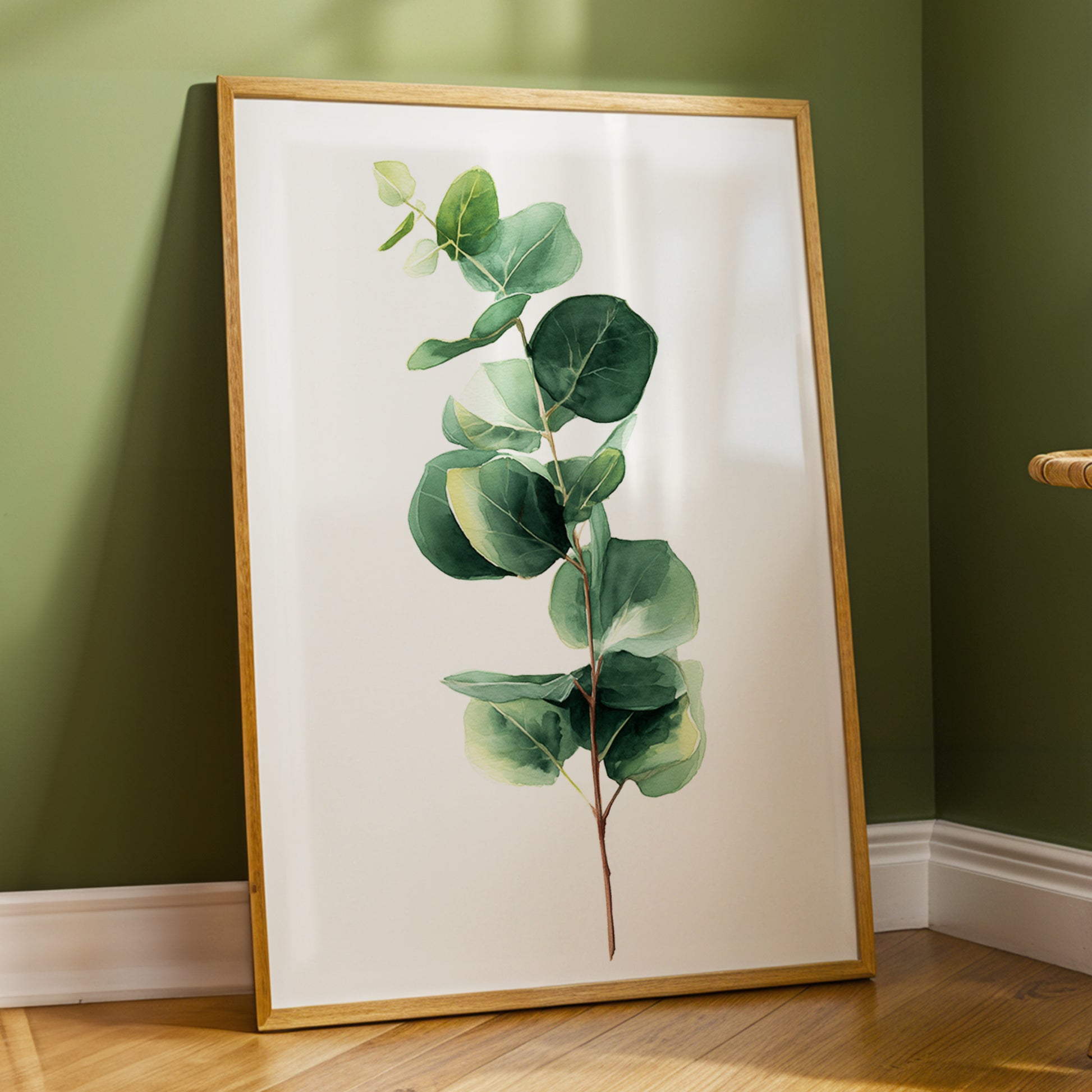 Silver Leaf Ascent, green, white, brown nature wall art displayed in a styled interior, gallery view 2