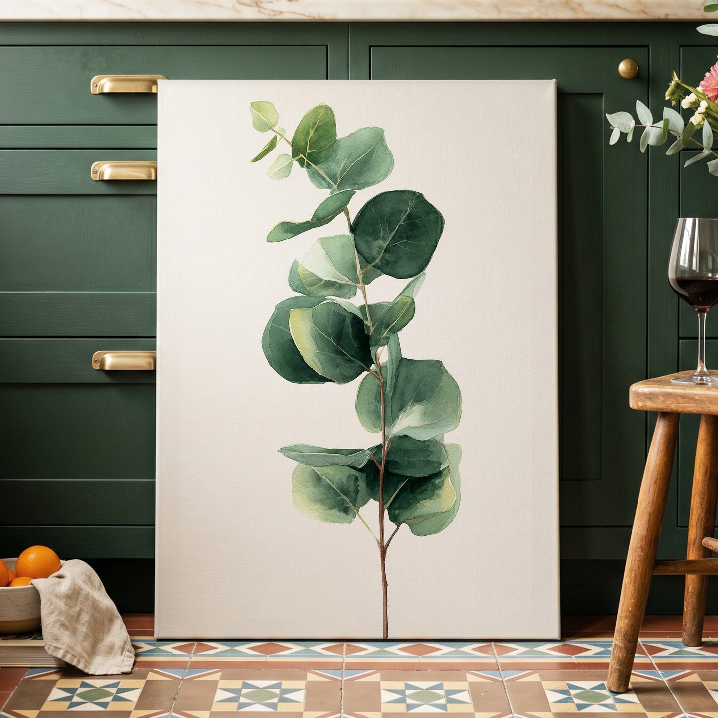 Silver Leaf Ascent, green, white, brown nature wall art displayed in a styled interior, gallery view 3