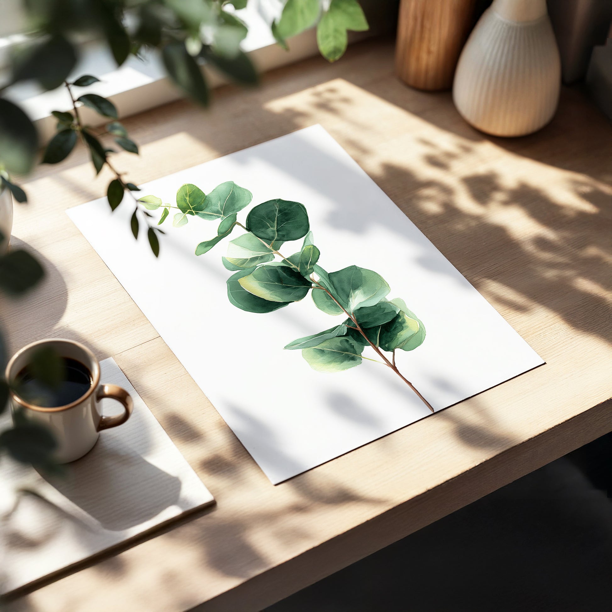 Silver Leaf Ascent, green, white, brown nature wall art displayed in a styled interior, gallery view 5