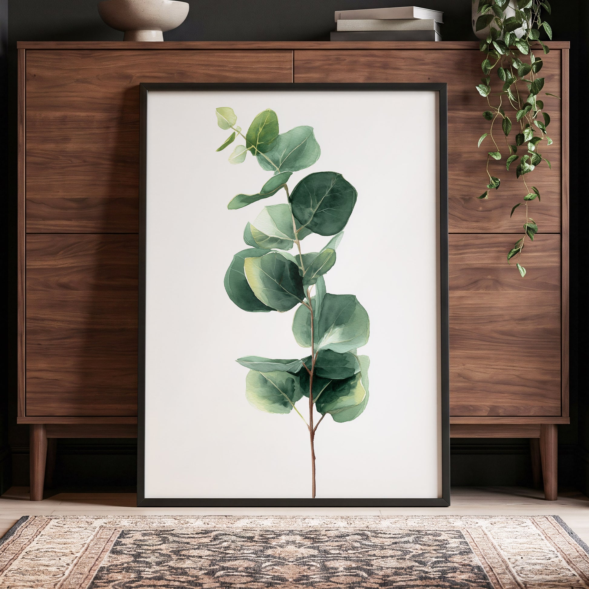 Silver Leaf Ascent, green, white, brown nature wall art displayed in a styled interior, gallery view 6