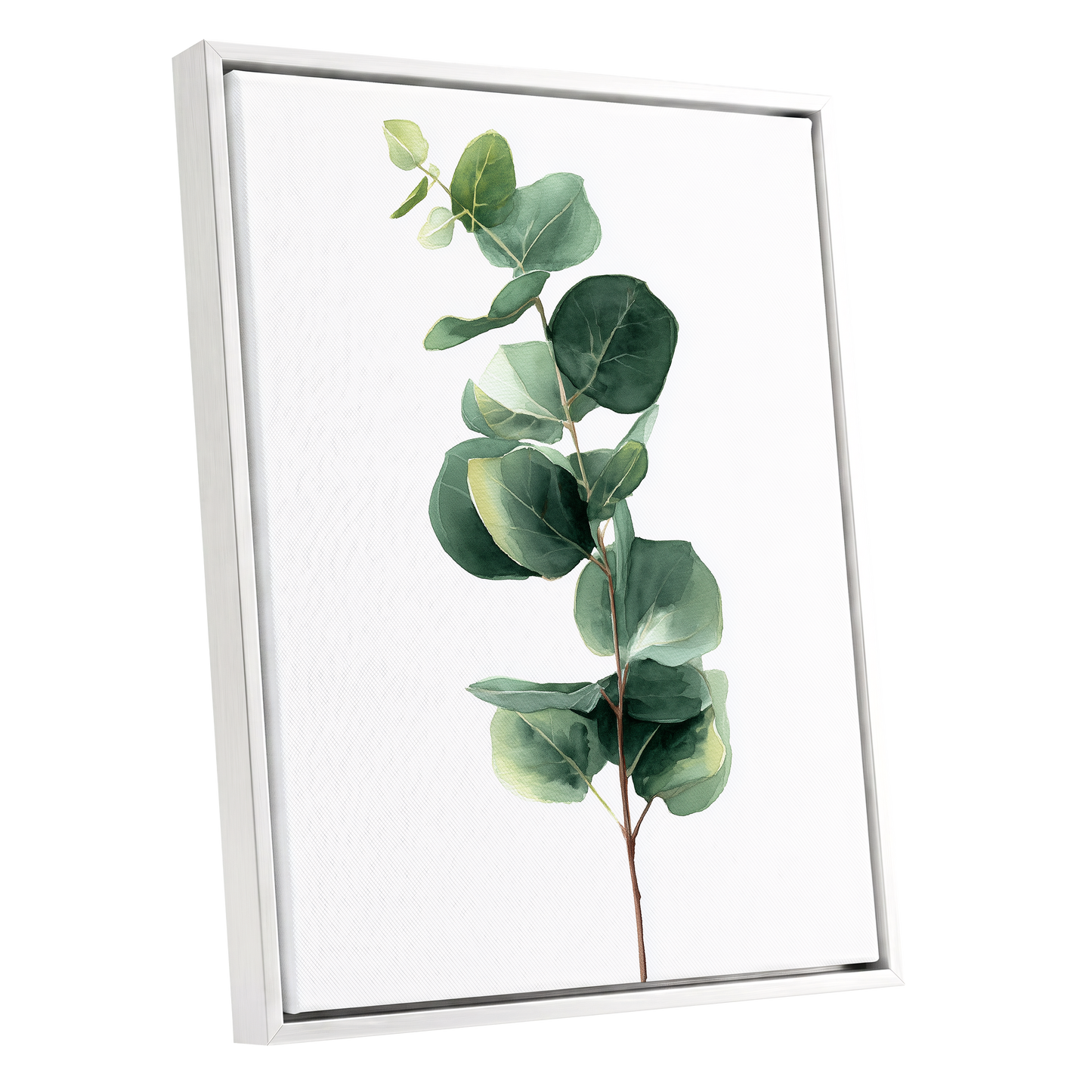 Silver Leaf Ascent, green, white, brown nature wall art shown as a white framed canvas wall art