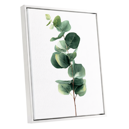 Silver Leaf Ascent, green, white, brown nature wall art shown as a white framed canvas wall art