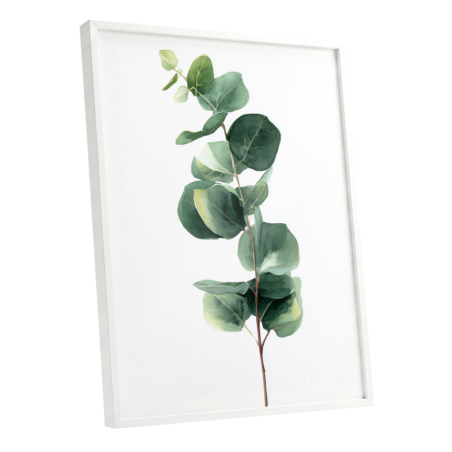Silver Leaf Ascent, green, white, brown nature wall art shown as a white framed poster wall art print