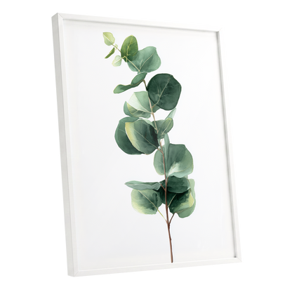 Silver Leaf Ascent, green, white, brown nature wall art shown as a white framed poster wall art print