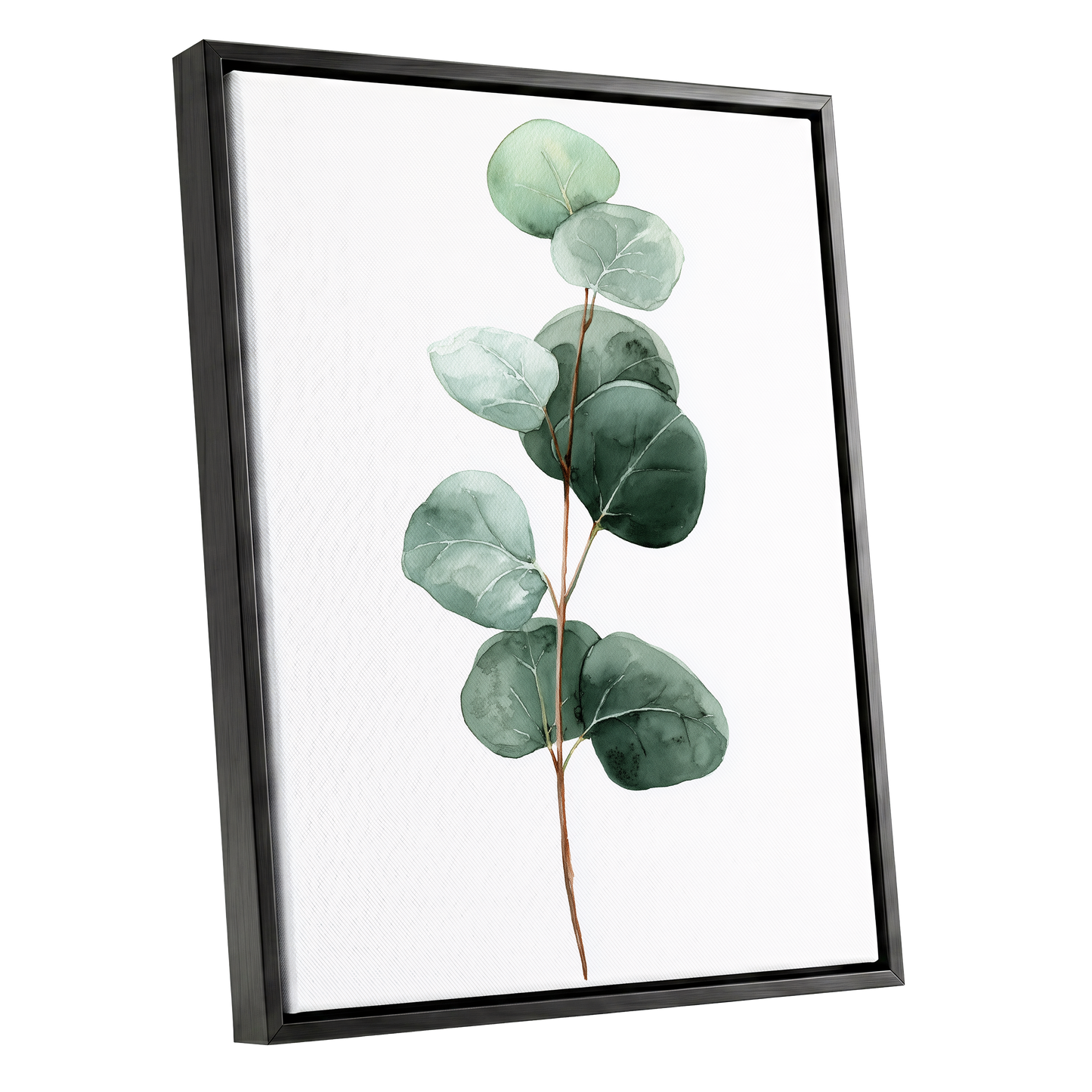 Silver Leaf Stillness, green, white, brown nature wall art shown as a black framed canvas wall art