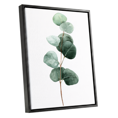 Silver Leaf Stillness, green, white, brown nature wall art shown as a black framed canvas wall art