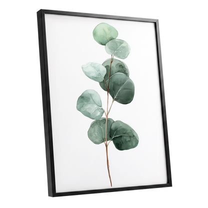 Silver Leaf Stillness, green, white, brown nature wall art shown as a black framed poster wall art print