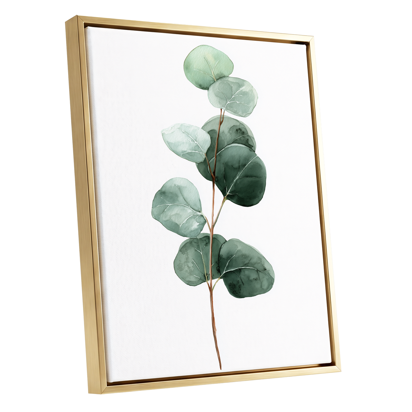 Silver Leaf Stillness, green, white, brown nature wall art shown as a gold framed canvas wall art