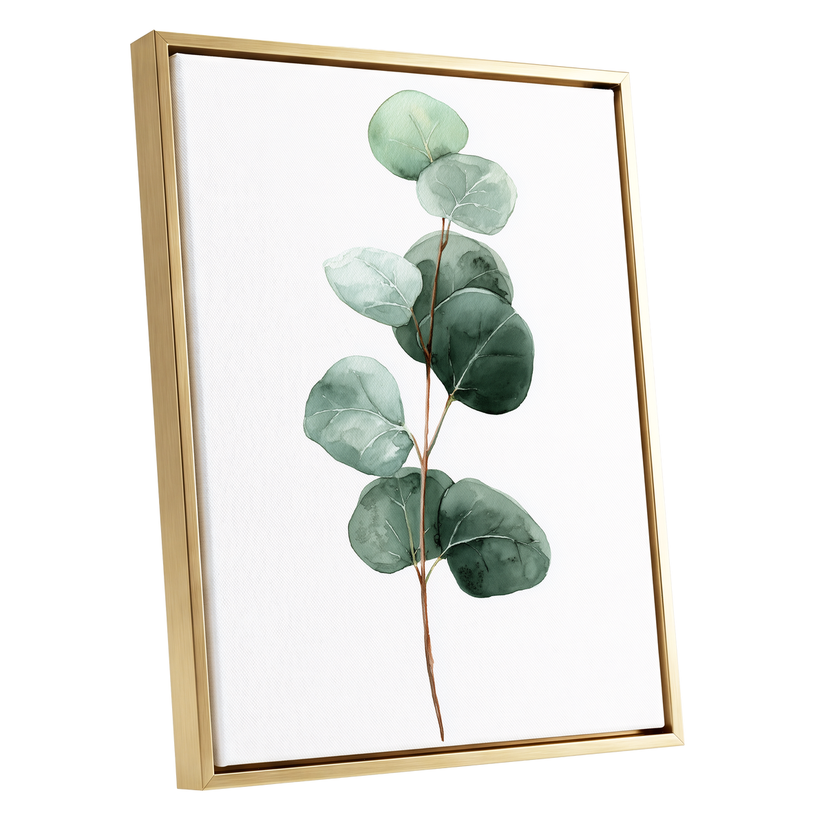 Silver Leaf Stillness, green, white, brown nature wall art shown as a gold framed canvas wall art