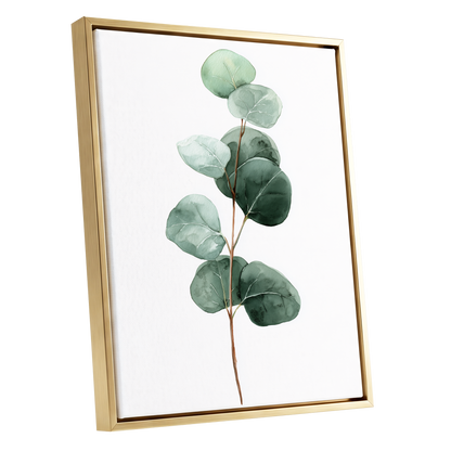 Silver Leaf Stillness, green, white, brown nature wall art shown as a gold framed canvas wall art