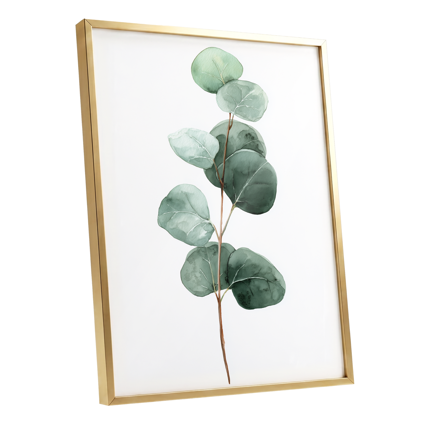 Silver Leaf Stillness, green, white, brown nature wall art shown as a gold framed poster wall art print