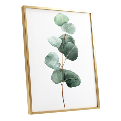 Silver Leaf Stillness, green, white, brown nature wall art shown as a gold framed poster wall art print