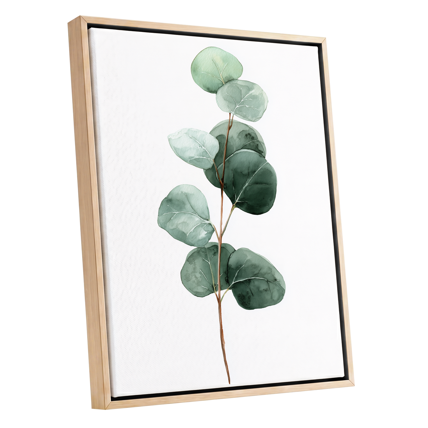 Silver Leaf Stillness, green, white, brown nature wall art shown as a oak framed canvas wall art