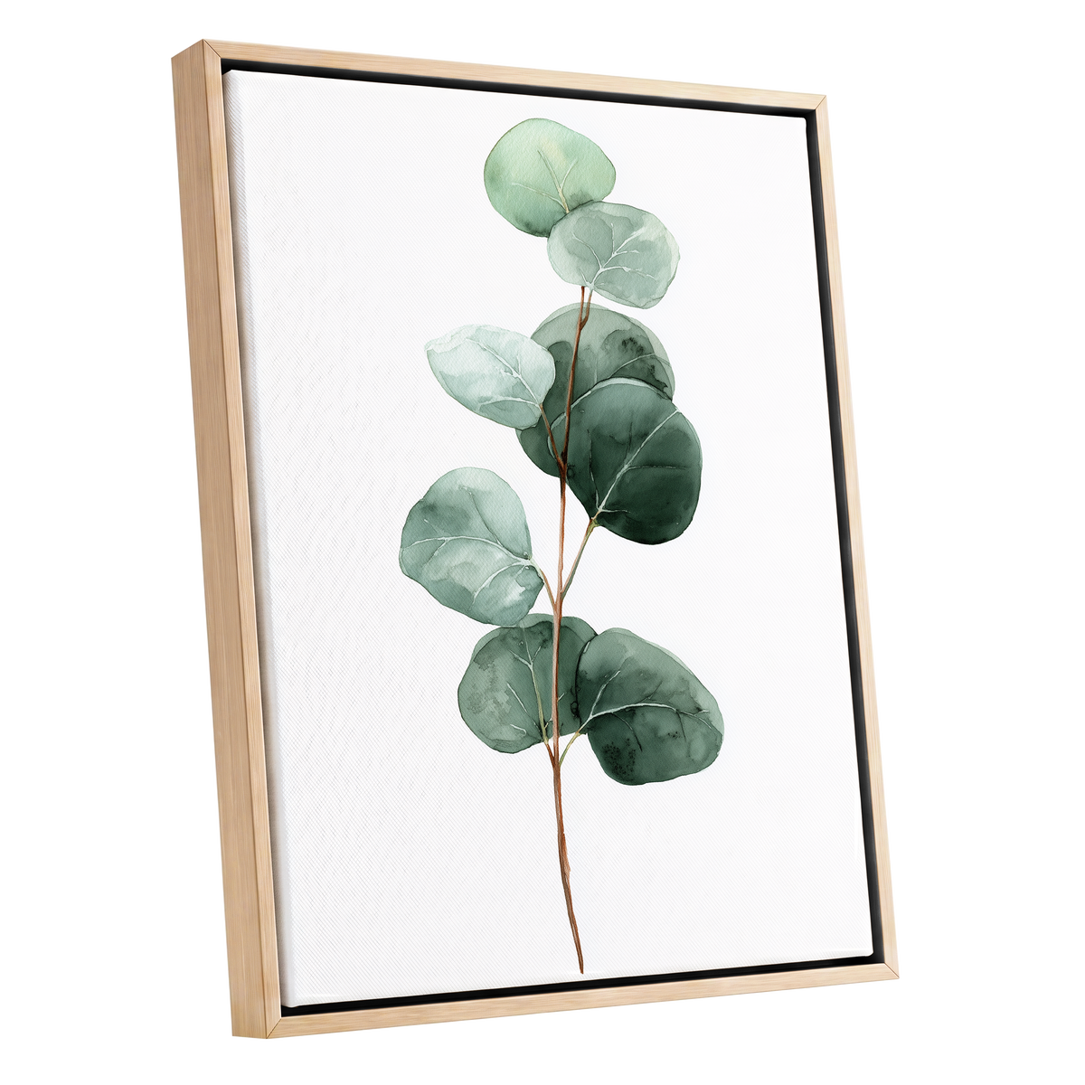 Silver Leaf Stillness, green, white, brown nature wall art shown as a oak framed canvas wall art