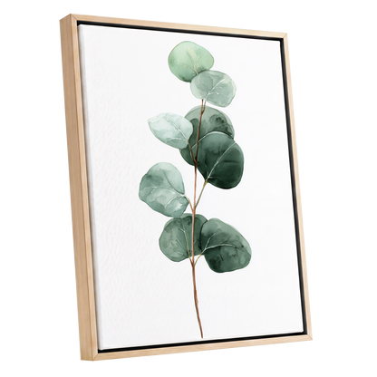 Silver Leaf Stillness, green, white, brown nature wall art shown as a oak framed canvas wall art