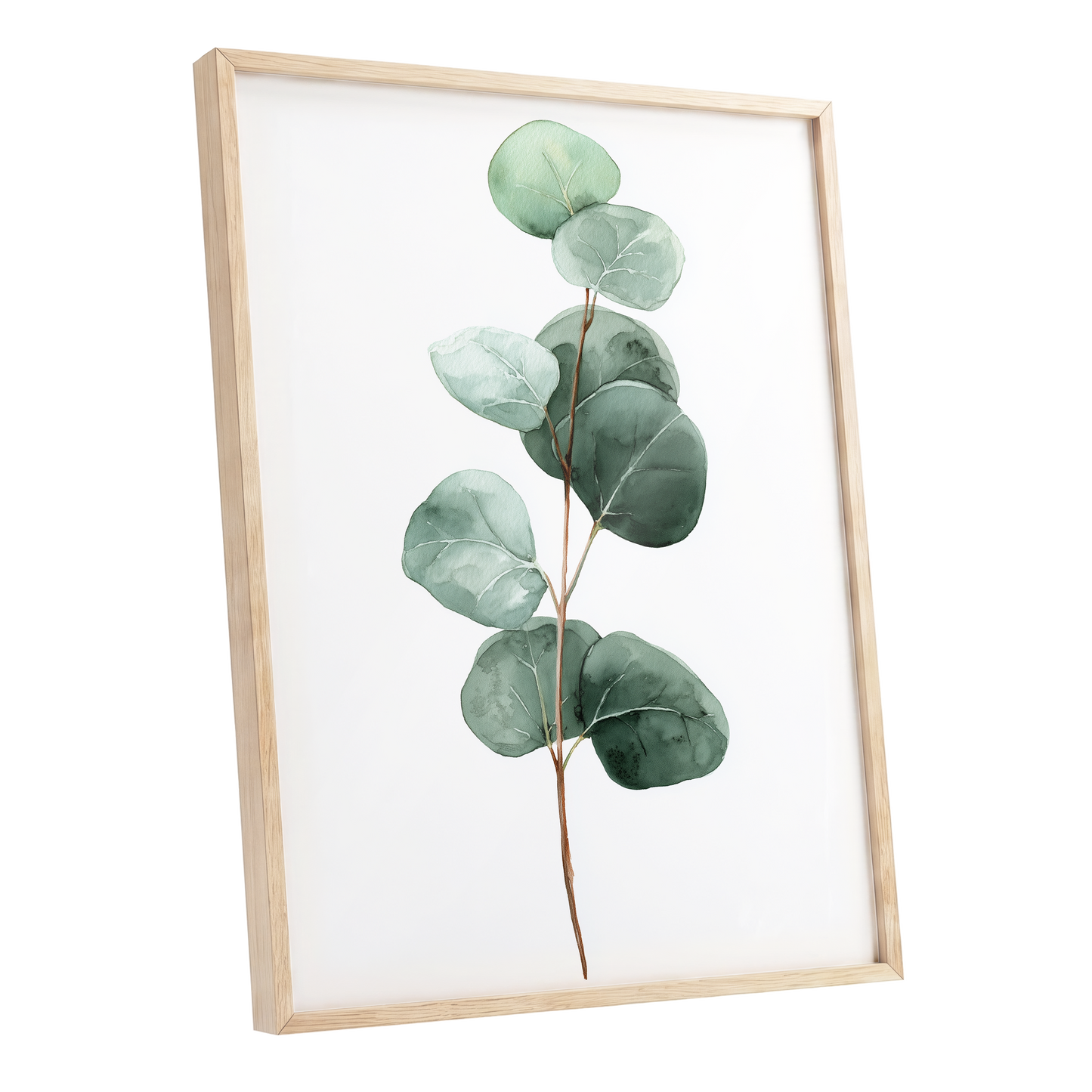 Silver Leaf Stillness, green, white, brown nature wall art shown as a oak framed poster wall art print