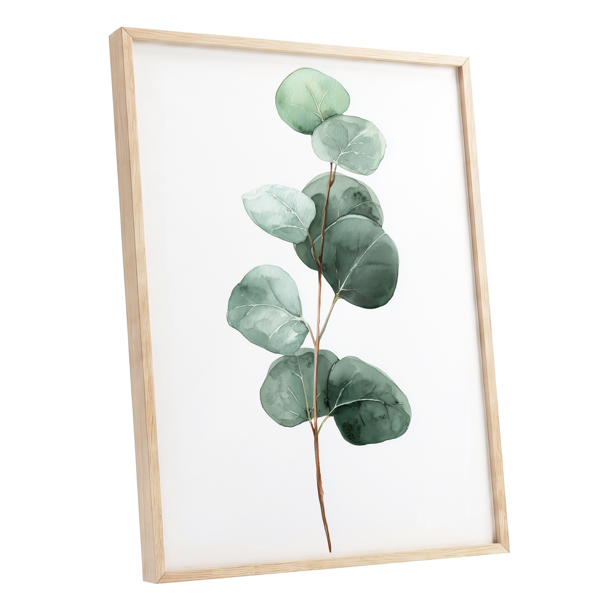 Silver Leaf Stillness, green, white, brown nature wall art shown as a oak framed poster wall art print