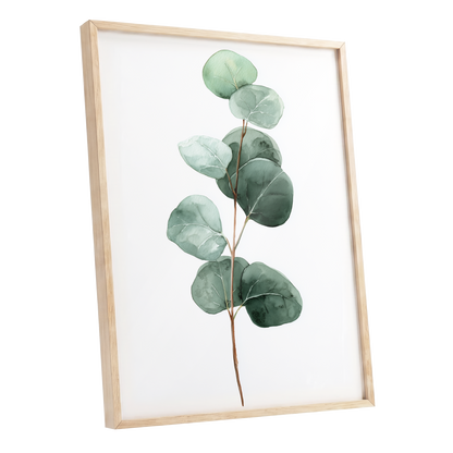 Silver Leaf Stillness, green, white, brown nature wall art shown as a oak framed poster wall art print