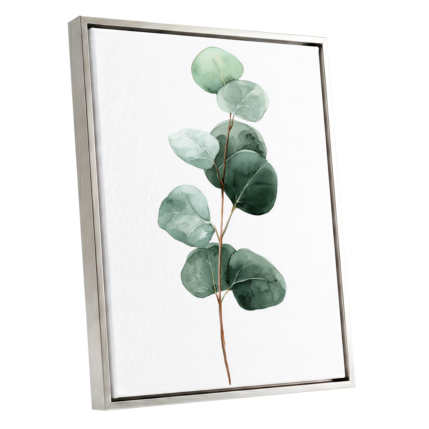 Silver Leaf Stillness, green, white, brown nature wall art shown as a silver framed canvas wall art