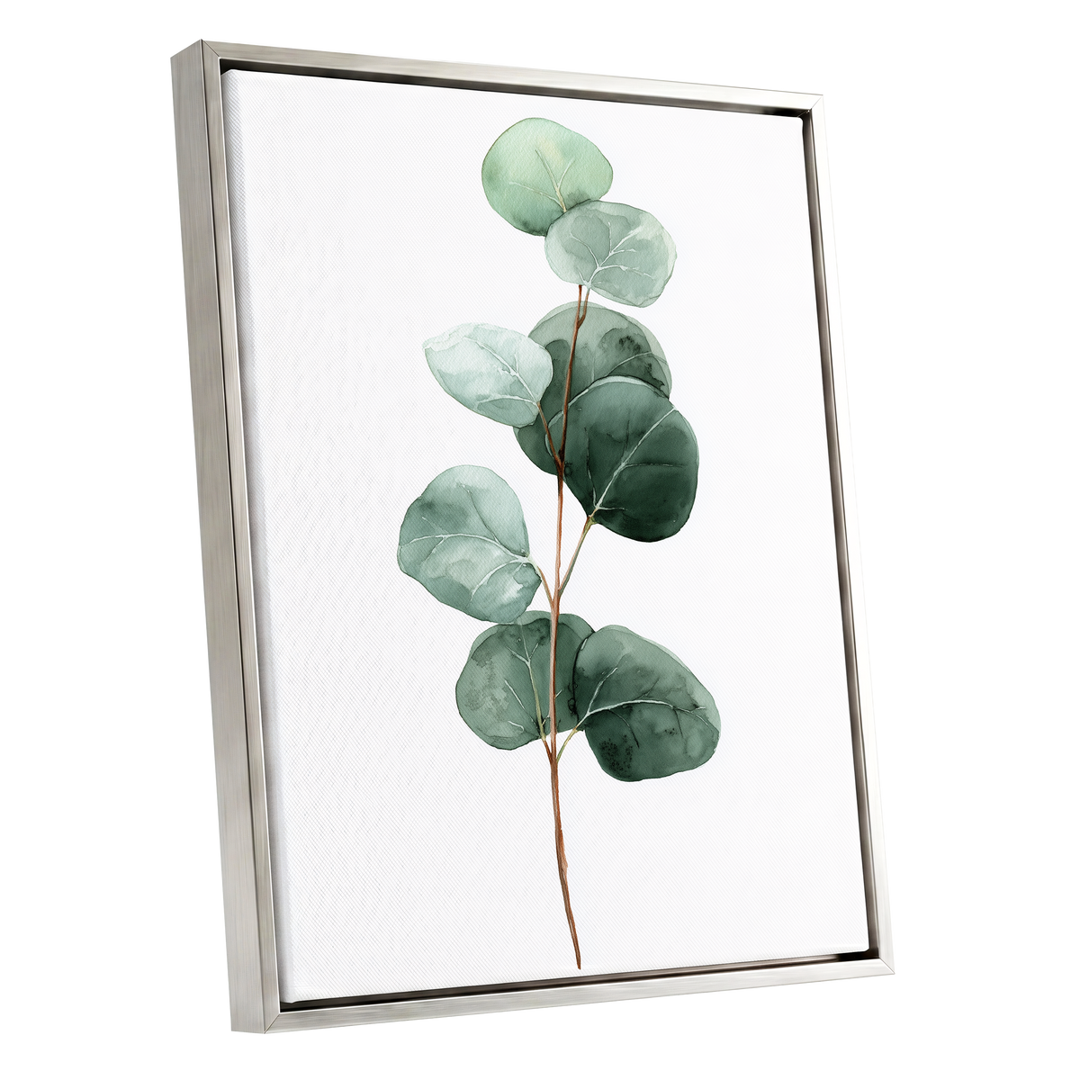 Silver Leaf Stillness, green, white, brown nature wall art shown as a silver framed canvas wall art