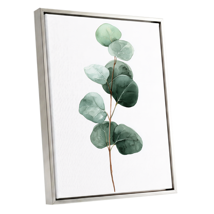 Silver Leaf Stillness, green, white, brown nature wall art shown as a silver framed canvas wall art